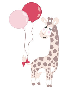 Vector Cute Baby Giraffe with Balloons.
