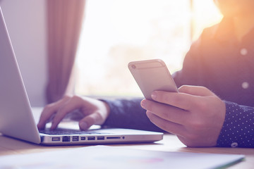 Business man holding smart phone shopping Online banking payment communication network digital technology internet wireless application development mobile smartphone apps computing,business concept