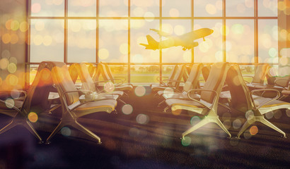 passenger seat in Departure lounge for see Airplane, view from airport terminal.sun light in vintage color selective focus,transport and travel concept