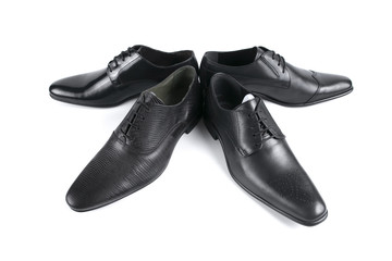 Male Black Shoe on White Background, Isolated Product, Top View, Studio.