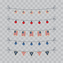 A set of design elements for Independence Day. 4th of July Objects, Element. Vector illustration isolated on transparent checkered.