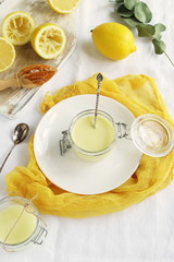 Lemon curd delicious and healthy dessert on a white background. top view. flat lay