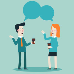 Smiling business colleagues drinking coffee and talking. Business man and woman with dialog speech bubbles on white background