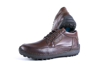 Male Brown Shoe on White Background, Isolated Product, Top View, Studio.