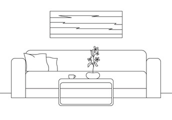 Modern interior. Sofa, table in front of the sofa. On the table a vase with a plant. On the wall hangs a picture. Vector illustration in a linear style.