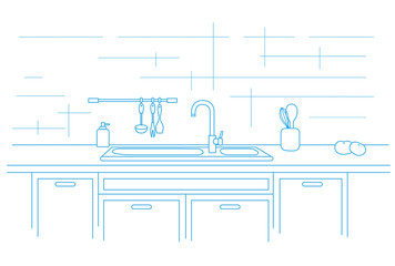 Kitchen worktop with sink. Linear vector illustration - 160948318