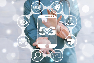 5G Health Care Mobile Connection Medical Network. Doctor touched smartphone 5g icon on virtual screen.