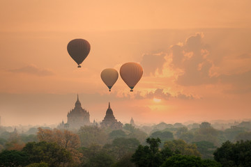 Fototapeta na wymiar Myanmar sunrise morning time balloon air pagoda old Bagan Mandalay Myanmar.