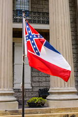 The Mississippi State flag including the Confederate flag in Vicksburg MS, USA