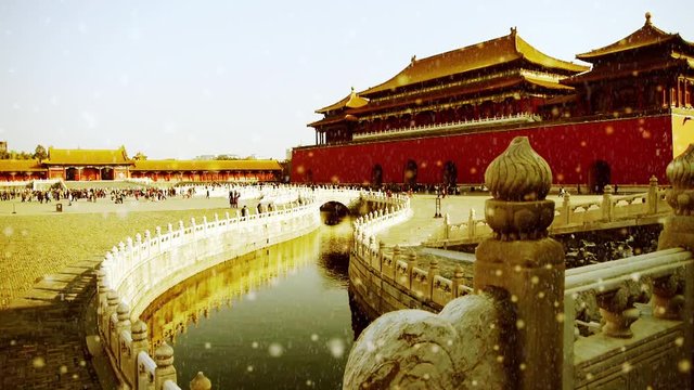 forbidden city & water moat bridge,China's royal architecture in snow.	