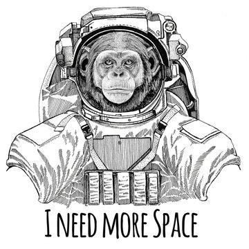 Chimpanzee Monkey wearing space suit Wild animal astronaut Spaceman Galaxy exploration Hand drawn illustration for t-shirt