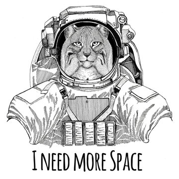 Wild cat Lynx Bobcat Trot wearing space suit Wild animal astronaut Spaceman Galaxy exploration Hand drawn illustration for t-shirt