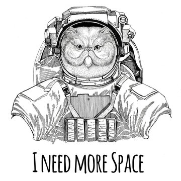 Portrait of fluffy persian cat wearing space suit Wild animal astronaut Spaceman Galaxy exploration Hand drawn illustration for t-shirt