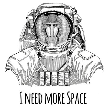 Monkey, baboon, dog-ape, ape wearing space suit Wild animal astronaut Spaceman Galaxy exploration Hand drawn illustration for t-shirt