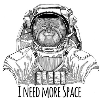 Wild cat Manul wearing space suit Wild animal astronaut Spaceman Galaxy exploration Hand drawn illustration for t-shirt