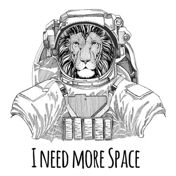 Wild Lion wearing space suit Wild animal astronaut Spaceman Galaxy exploration Hand drawn illustration for t-shirt