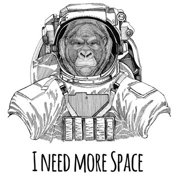 Gorilla, monkey, ape Frightful animal wearing space suit Wild animal astronaut Spaceman Galaxy exploration Hand drawn illustration for t-shirt
