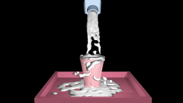 Milch fließt in einen Becher und läuft über. 3d animation