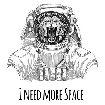 Lion wearing space suit Wild animal astronaut Spaceman Galaxy exploration Hand drawn illustration for t-shirt