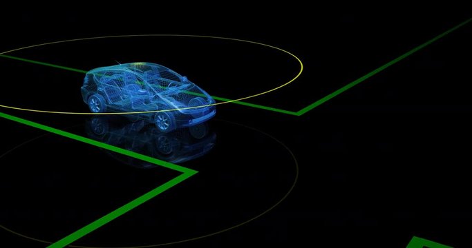 Autonomous wireframe driverless car with lidar scan signal stops at intersection