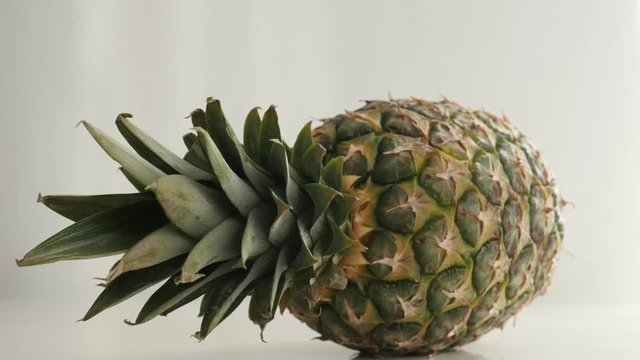 Exotic pineapple on white reflective background slow tilt 4K 2160p 30fps UltraHD footage - Ananas comosus tropical fruit close-up 4K 3840X2160 UHD tilting video 
