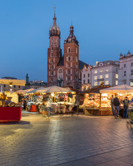 Krakow, Poland, fairs on main market square at night