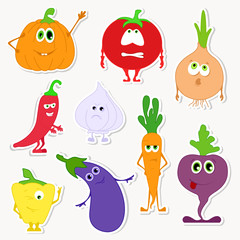 Different funny vegetables in a cartoon style. Set of stickers in cartoon style.