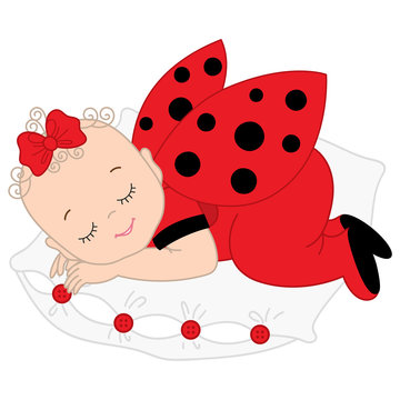 Vector Cute Baby Girl in Ladybug Costume Sleeping on Pillow.