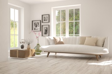 White room with sofa and green landscape in window. Scandinavian interior design. 3D illustration
