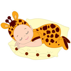 Vector Cute Baby in Giraffe Costume Sleeping.