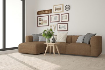 White modern room with sofa. Scandinavian interior design. 3D illustration