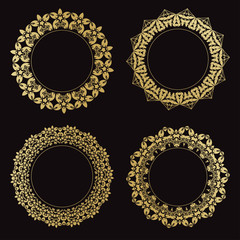 Set of round ornamental frames. Vintage gold frames on a black background.