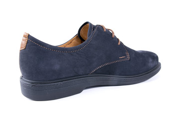 Male Blue Shoe on White Background, Isolated Product, Top View, Studio.
