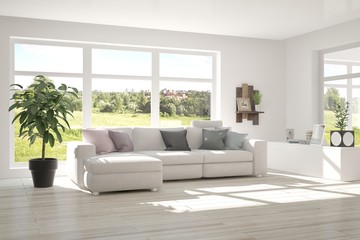 White room with sofa and green landscape in window. Scandinavian interior design. 3D illustration