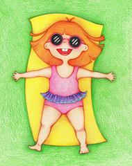 hands drawn picture of girl sunbathing on the grass by the pencils