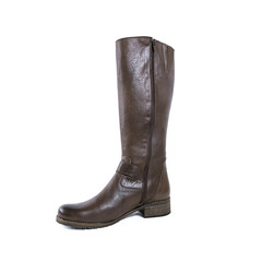 Female Brown Boot on White Background, Isolated Product, Top View, Studio.
