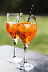 Apperol spritz cocktail in misted glass, selective focus