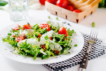 Fresh and healthy fitness salad with lettuce, peas, cherry tomato, cucumber, green onion, dill, sunflower or olive oil and toast on a white background