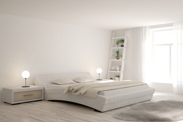 White modern bedroom. Scandinavian interior design. 3D illustration