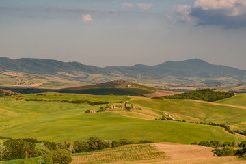 Fototapeta na wymiar Idyllic panorama of the valley of the orcia in tuscan province of siena in summer with cultivated fields