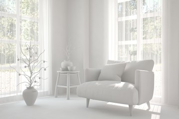 White room with armchair and green landscape in window. Scandinavian interior design. 3D illustration