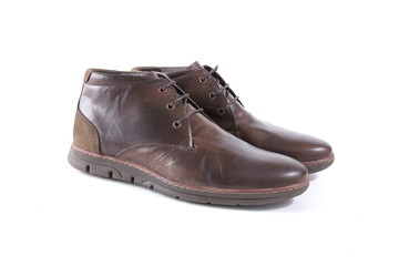 Male Brown Boot on White Background, Isolated Product, Top View, Studio.
