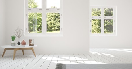 White empty room with green landscape in window. Scandinavian interior design. 3D illustration