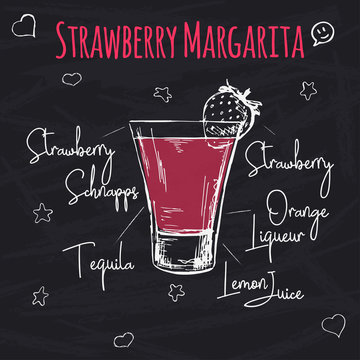 Simple recipe for an alcoholic cocktail Strawberry Margarita. Drawing chalk on a blackboard. Vector illustration of a sketch style.