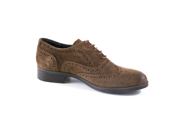 Female Brown Shoe on White Background, Isolated Product, Top View, Studio.
