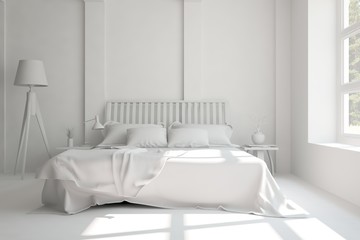 Fototapeta na wymiar White modern bedroom. Scandinavian interior design. 3D illustration