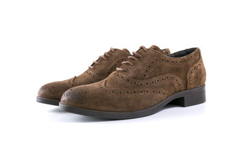 Female Brown Shoe on White Background, Isolated Product, Top View, Studio.
