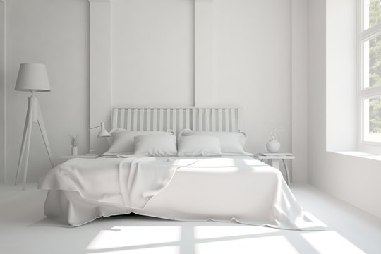 White modern bedroom. Scandinavian interior design. 3D illustration