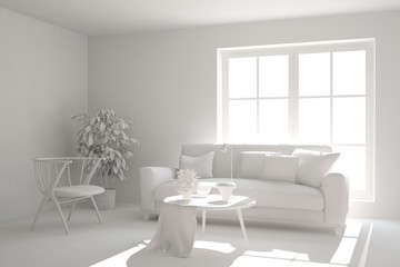 White room with sofa. Scandinavian interior design. 3D illustration