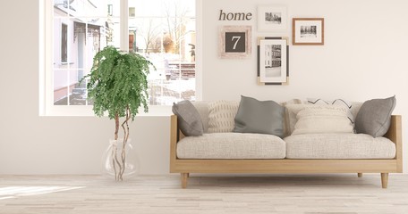 White modern room with sofa. Scandinavian interior design. 3D illustration